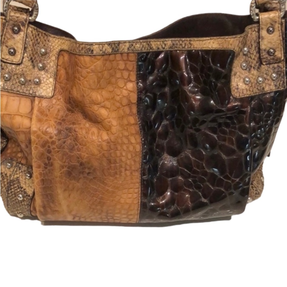Stuart Weitzman large brown & black mixed media Snakeskin,alligator bag